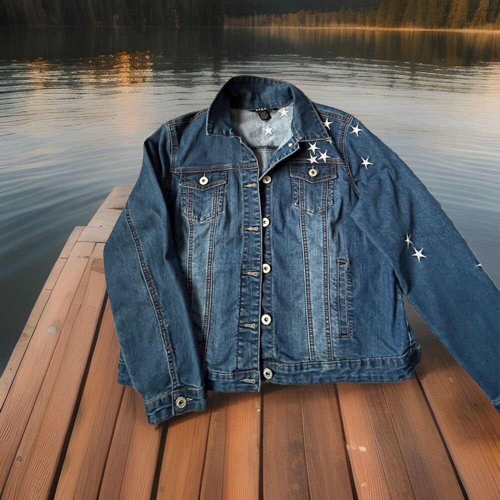 New Baccini Women's Sz L Embroidery Stars Jean Jacket Patriotic Festival Vintage